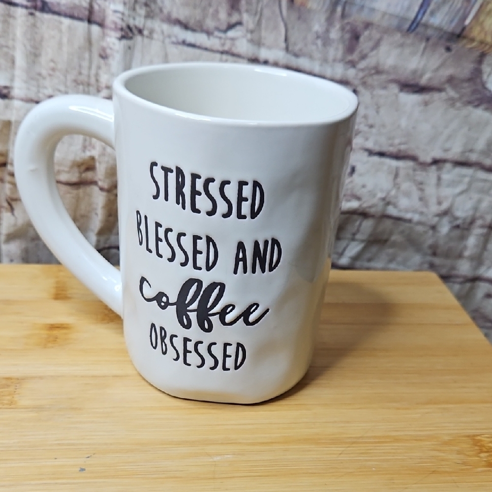 Source Unknown White Ceramic Mug "Stressed Blessed and Coffee Obsessed"